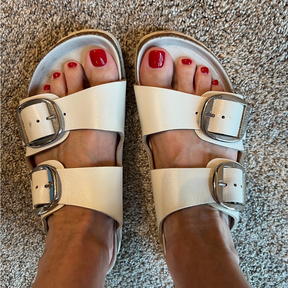 Women's White Big Double Buckle Sandals